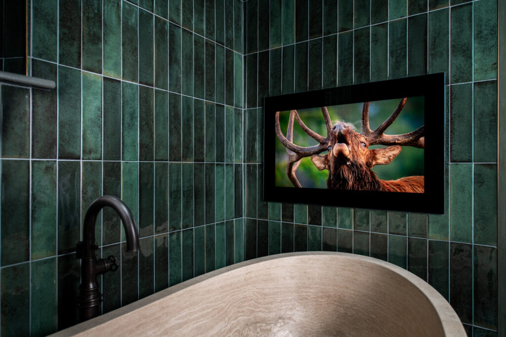 image shows a TV installed in the bathroom