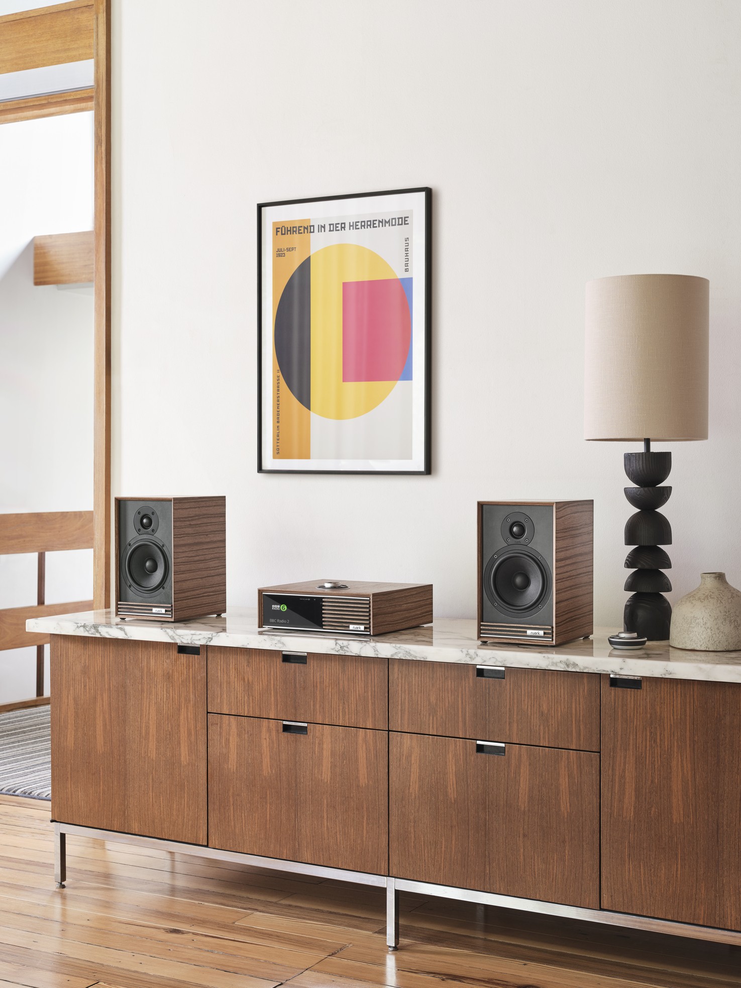 image shows a Ruark R610 music console on top of a cabinet